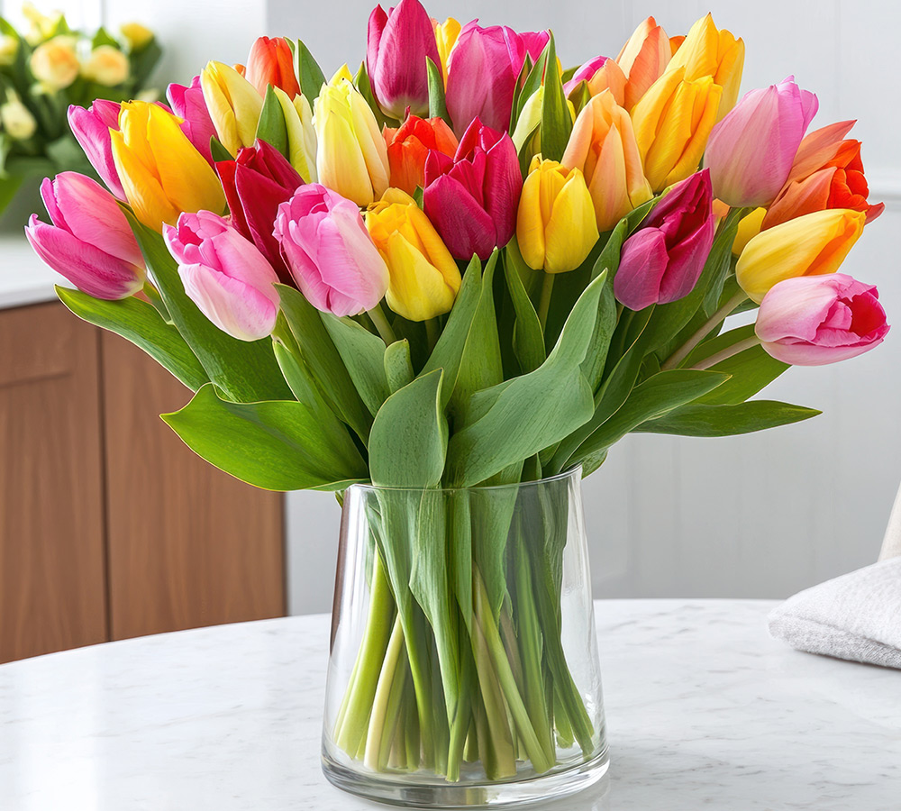 Bild mit bunten Tulpen in einer Vase.